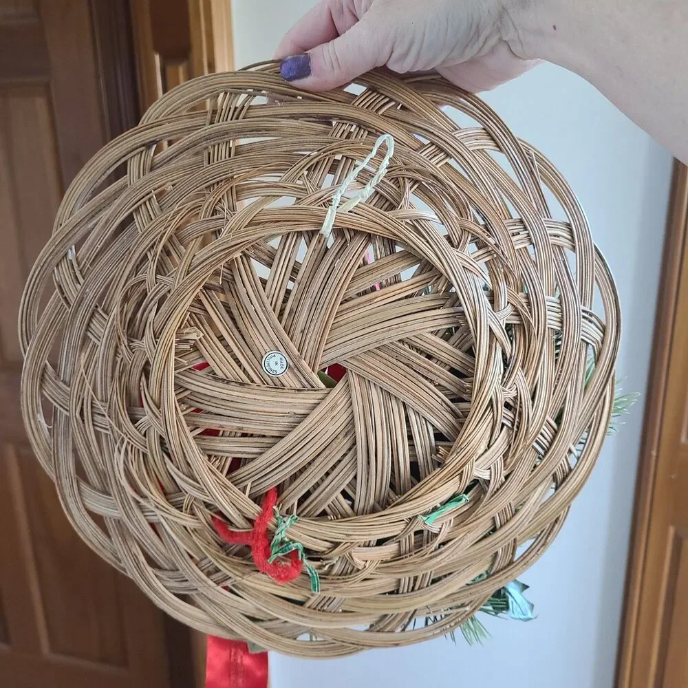 Vintage Wicker Christmas Wreath Wall Hanging With Clay Santa + Greenery + Ribbon